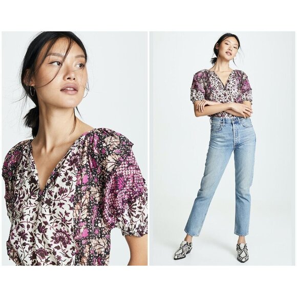 💕ULLA JOHNSON💕 Arusi Poplin Top ~ Fuchsia Print Cotton Silk Blend Small 4 - Picture 1 of 16
